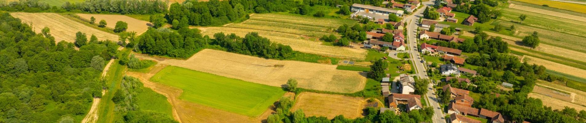 Aerial view showcasing Velika Trnovitica's sprawling fields and quaint village life on a sunny day.