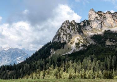 Breathtaking view of rugged mountains and lush forests at Achensee, Tirol, Austria.