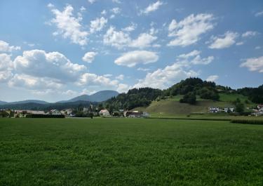 Peaceful rural landscape with rolling hills and small village under a blue sky in Slovenia.