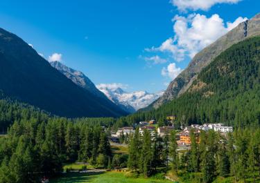 Beautiful village of Pontresina nestled in the Swiss Alps with lush greenery and clear blue skies.